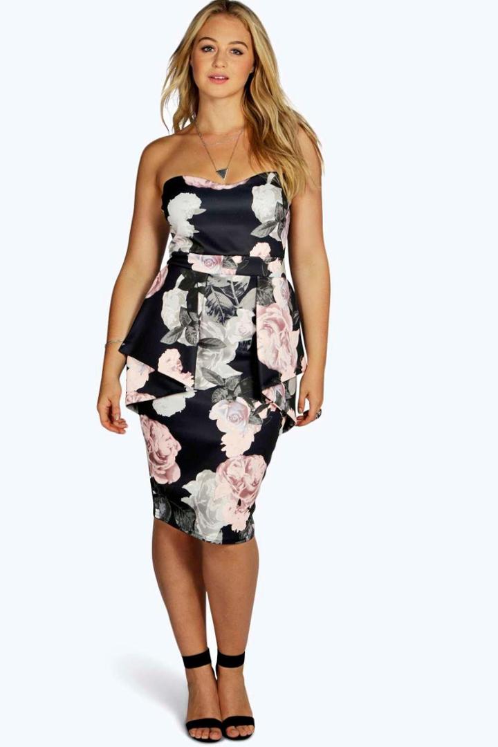 Boohoo Plus Becky Floral Peplum Midi Dress Multi