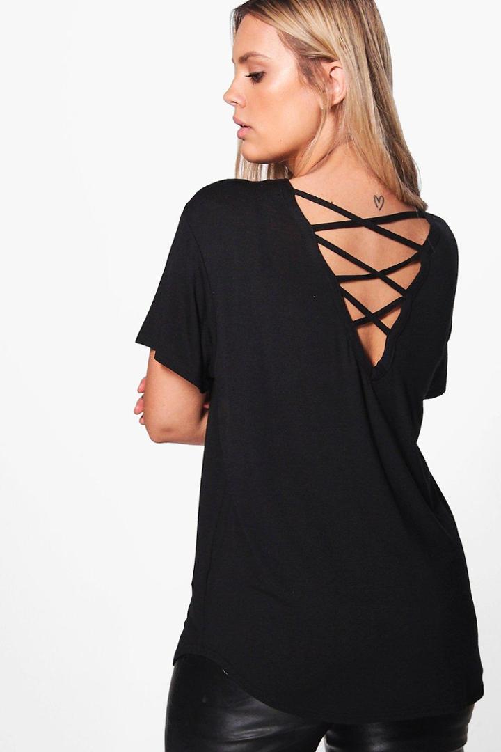 Boohoo Plus Lisa Lace Up Back Tee Black