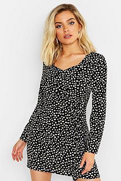 Boohoo Spot Wrap Tie Side Shift Dress