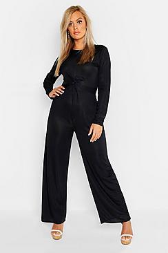 Boohoo Plus Rib Twist Front Long Sleeve Wide Leg Jumpsuit