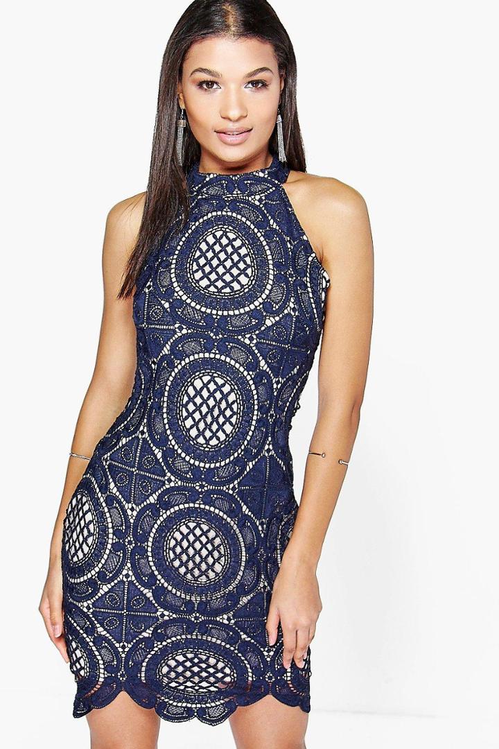Boohoo Aileen Crochet Lace Sleeveless Bodycon Dress Navy