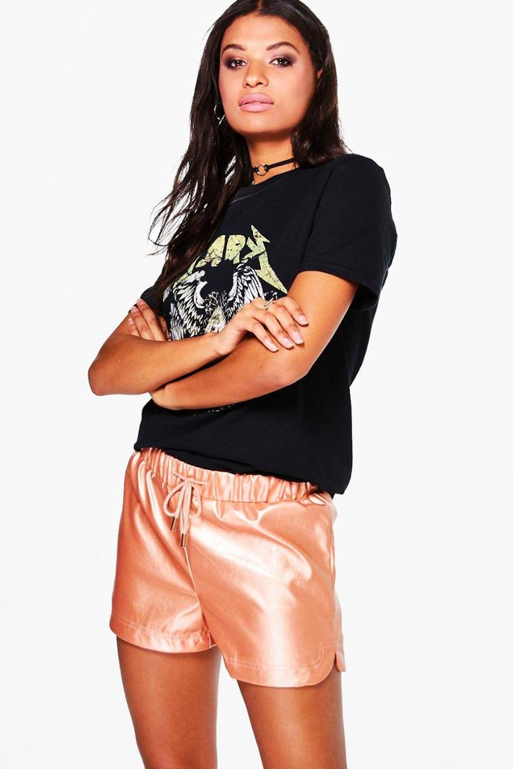 Boohoo Jill Gathered Waist Leather Look Running Shorts Rose
