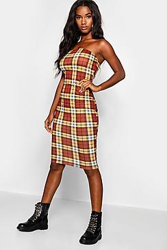 Boohoo Tonal Check Bandeau Midi Bodycon Dress