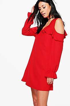 Boohoo Tanya Cold Shoulder V Neck Shift Dress