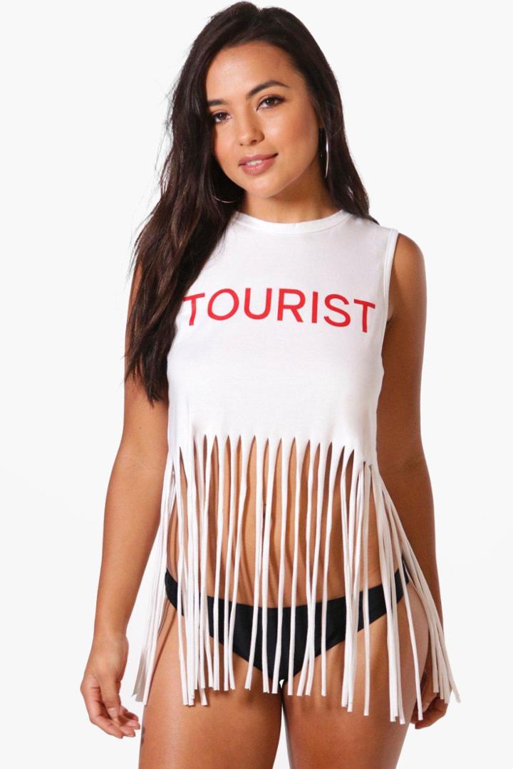Boohoo Petite Tilly Tourist Fringe Beach Tee White