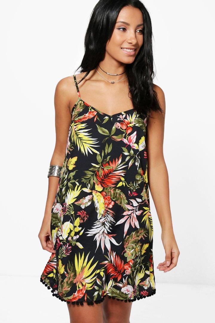 Boohoo Tia Tropical Print Pom Pom Detail Cami Dress Multi
