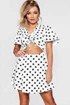 Boohoo Lucy Large Polka Dot Ruched Front Tea Dress