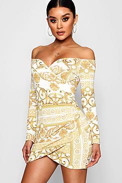 Boohoo June Scarf Print Off The Shoulder Wrap Dress