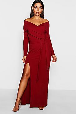 Boohoo Off The Shoulder Wrap Thigh Split Maxi Dress