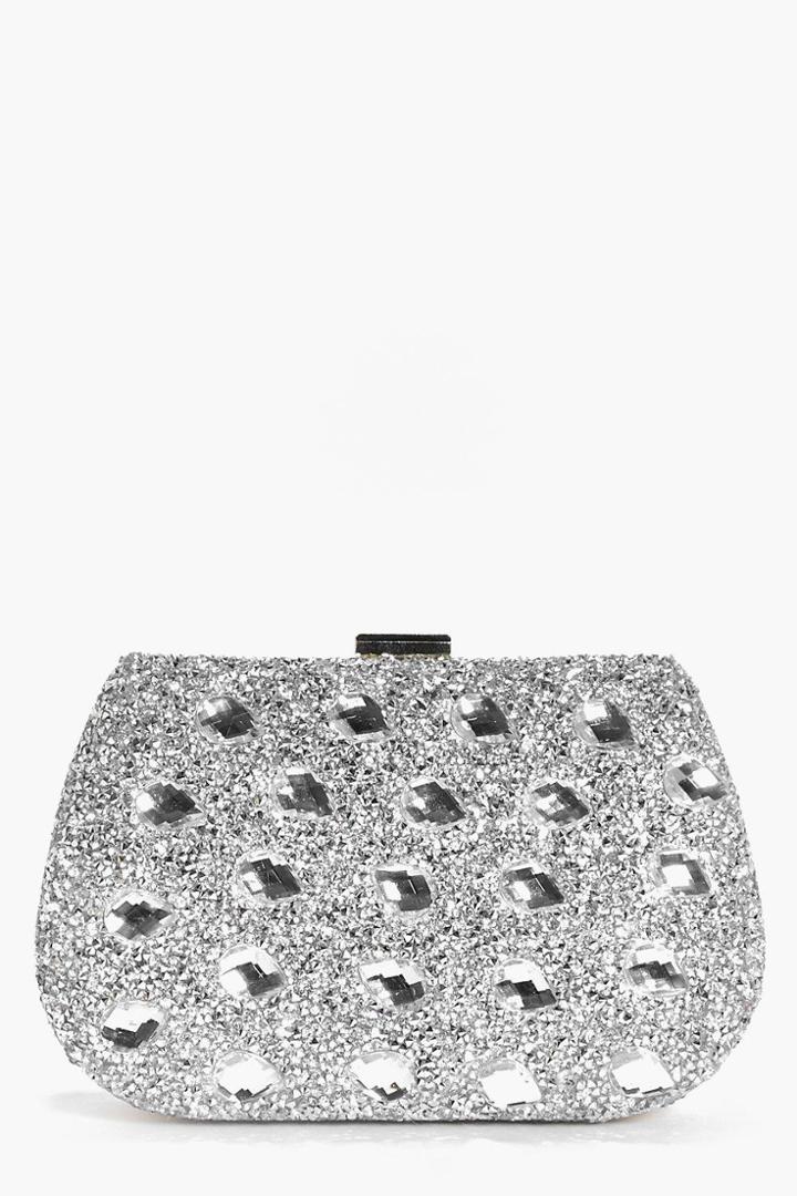 Boohoo Zoe Jewel Embellished Box Clutch Bag Silver