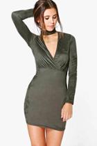 Boohoo Petite Jen Plunge Choker Suedette Dress Moss