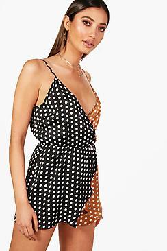 Boohoo Millie Satin Polka Dot Contrast Wrap Playsuit