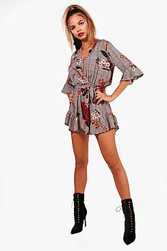 Boohoo Amber Checked Ruffle Wrap Playsuit