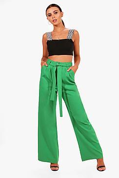 Boohoo Petite Tie Waist Wide Leg Woven Trouser