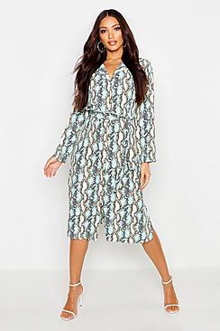 Boohoo Snake Print Button Through Shirt Midi Dress
