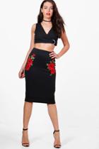 Boohoo Ava Rose Applique Midi Skirt Black