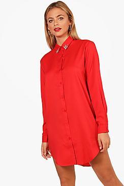 Boohoo Freya Embellished Collar Shirt Dress