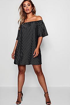 Boohoo Plus Jenna Stripe Off Shoulder Dress