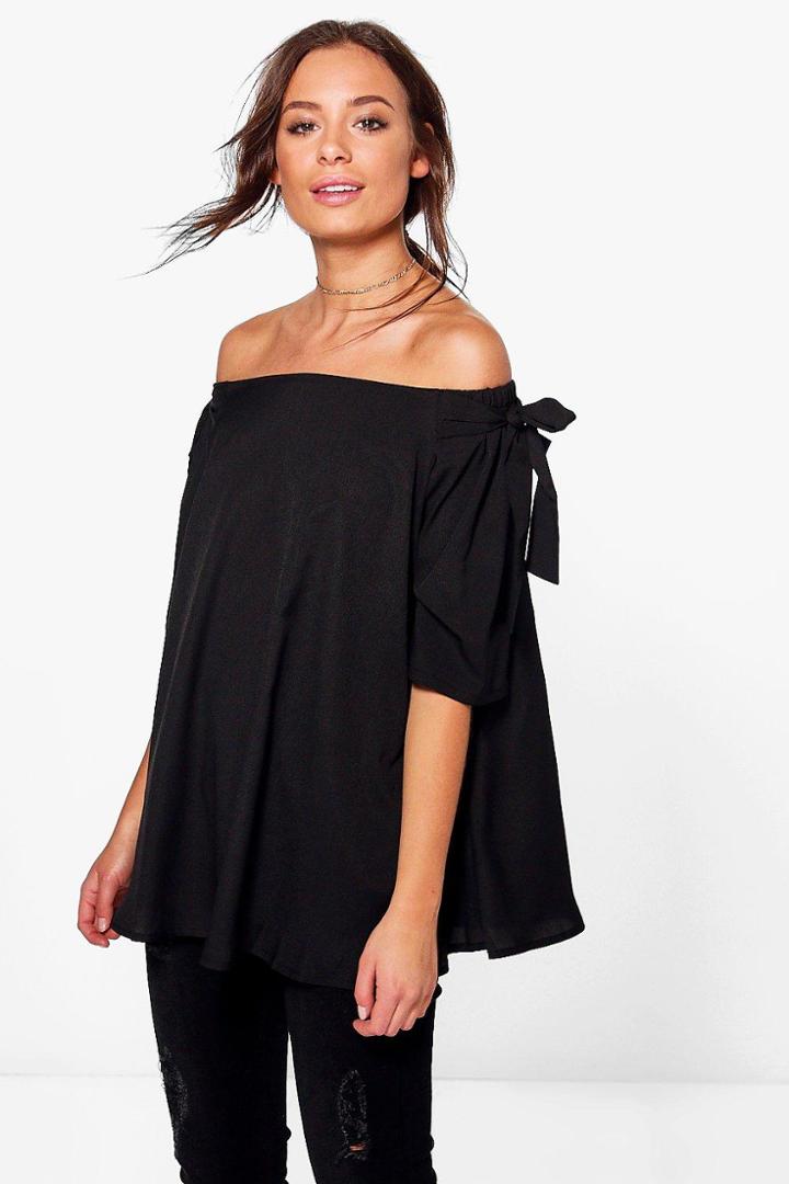 Boohoo Ruby Tie Sleeve Bardot Tunic Black