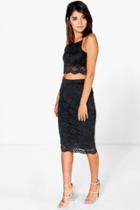 Boohoo Dana Corded Lace Crop & Midi Skirt Co-ord Set Black