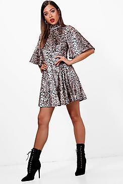 Boohoo Lindsay Velvet Leopard Print Skater Dress