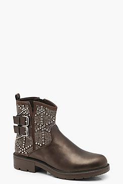 Boohoo Studded Cut Work Biker Boots