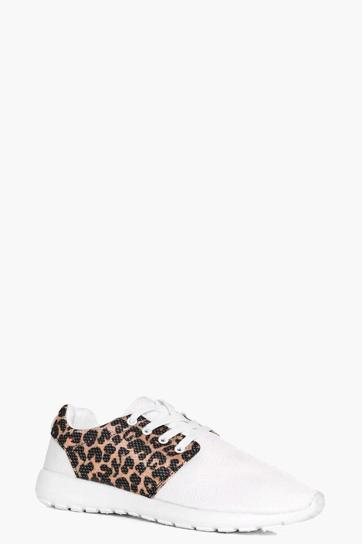 Boohoo Hollie Leopard Sports Trainer White