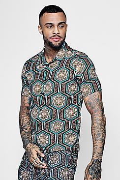 Boohoo Short Sleeve Moroccan Print Revere Shirt Co-ord