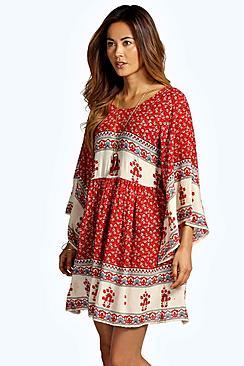 Boohoo Becca Batwing Border Smock Dress