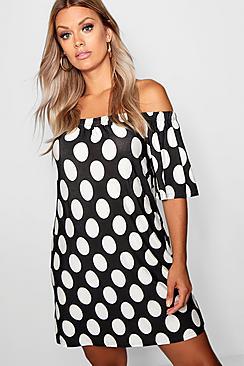 Boohoo Spot Print Off The Shoulder Dress