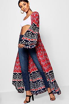 Boohoo Rosy Border Print Flare Sleeve Kimono