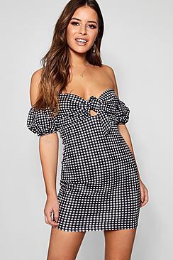Boohoo Petite Katie Gingham Bardot Bodycon Dress