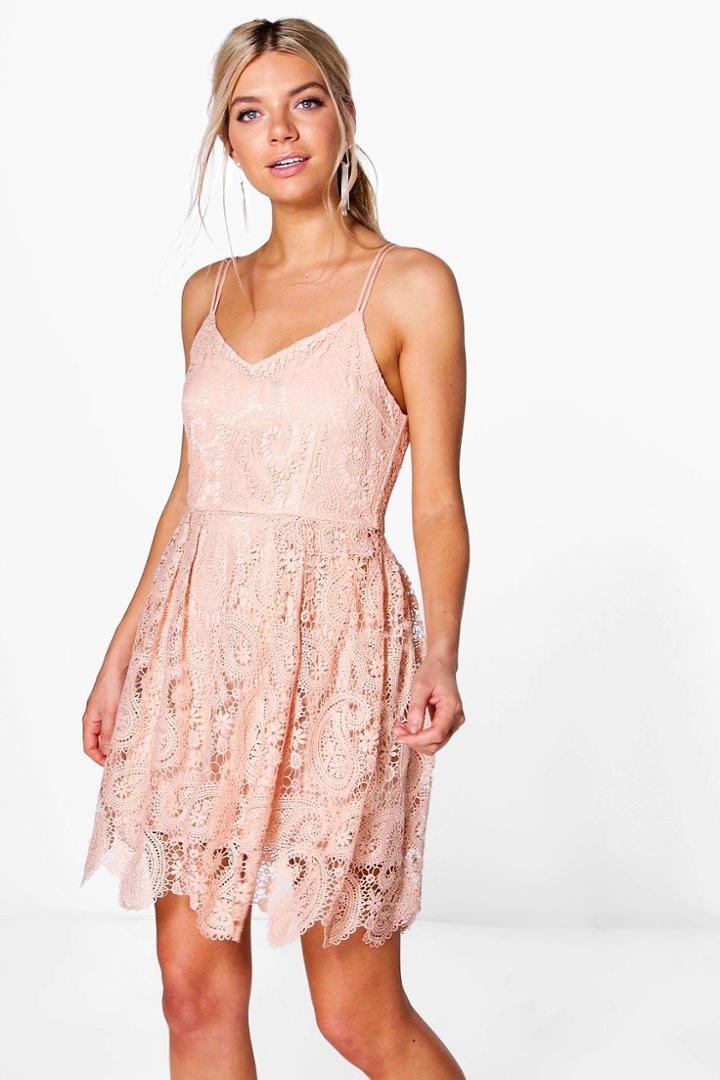 Boohoo Boutique Tasha Scallop Lace Skater Dress Blush