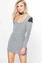 Boohoo Petite Gabby Lace Trim Rib Knitted Dress Grey