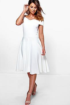 Boohoo Romi Off The Shoulder Midi Skater Dress