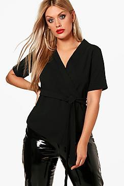 Boohoo Plus Short Sleeved Wrap Tie Waist Top