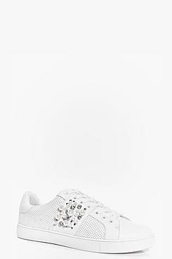 Boohoo Ivy Pearl And Diamante Trim Lace Up Trainer
