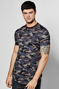 Boohoo Khaki Camo Longline Fishtail T-shirt