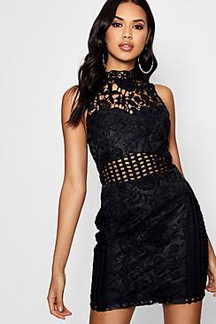 Boohoo Flo Lace Panelled High Neck Bodycon Dress