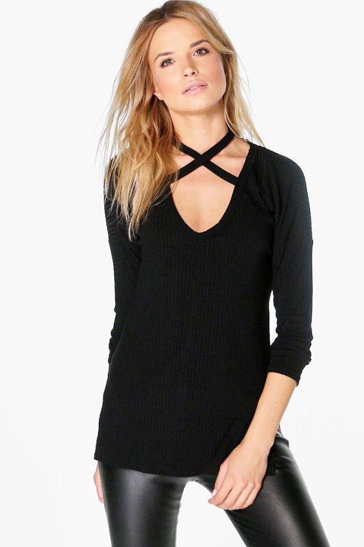 Boohoo Jessica Soft Rib Oversized Strappy Neck Top Black