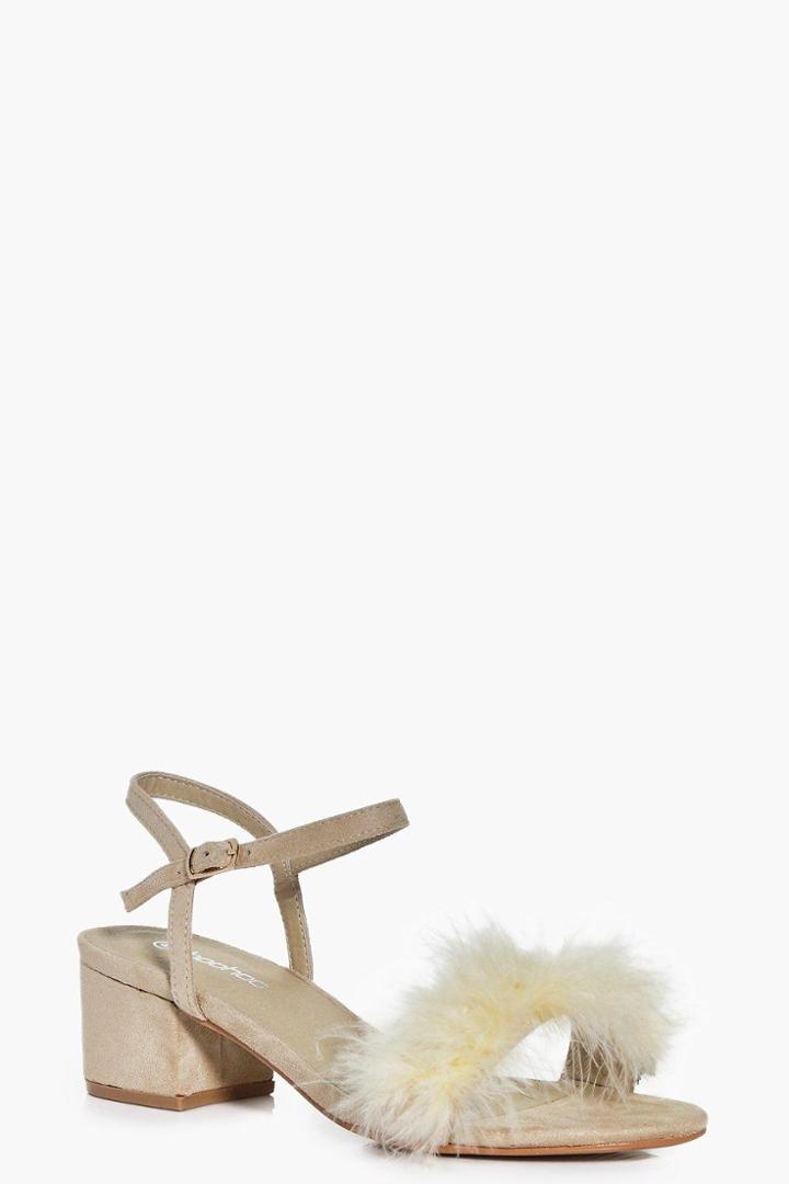 Boohoo Erin Peeptoe Feather Trim Block Heels Nude