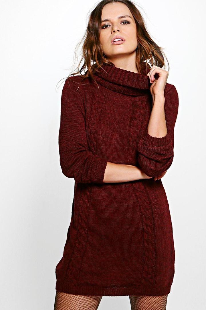 Boohoo Scarlett Roll Neck Cable Jumper Dress Wine