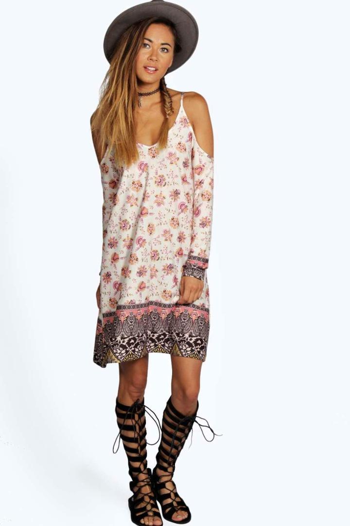 Boohoo Libby Paisley Cold Shoulder Dress Pink