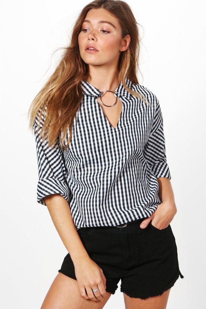 Boohoo Megan Gingham Ring Choker Blouse Multi
