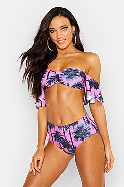 Boohoo Neon Palm Tree Bardot High Waisted Bikini