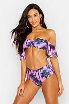 Boohoo Neon Palm Tree Bardot High Waisted Bikini