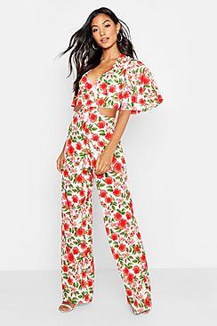 Boohoo Floral Lace Up Wide Leg Jumpsuit