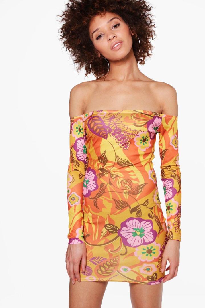 Boohoo Olivia Off Shoulder Bodycon Dress Yellow