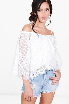 Boohoo Petite Alexia Lace Cold Shoulder Crop Top