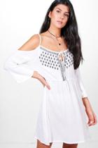 Boohoo Anabel Cold Shoulder Embroidered Dress White